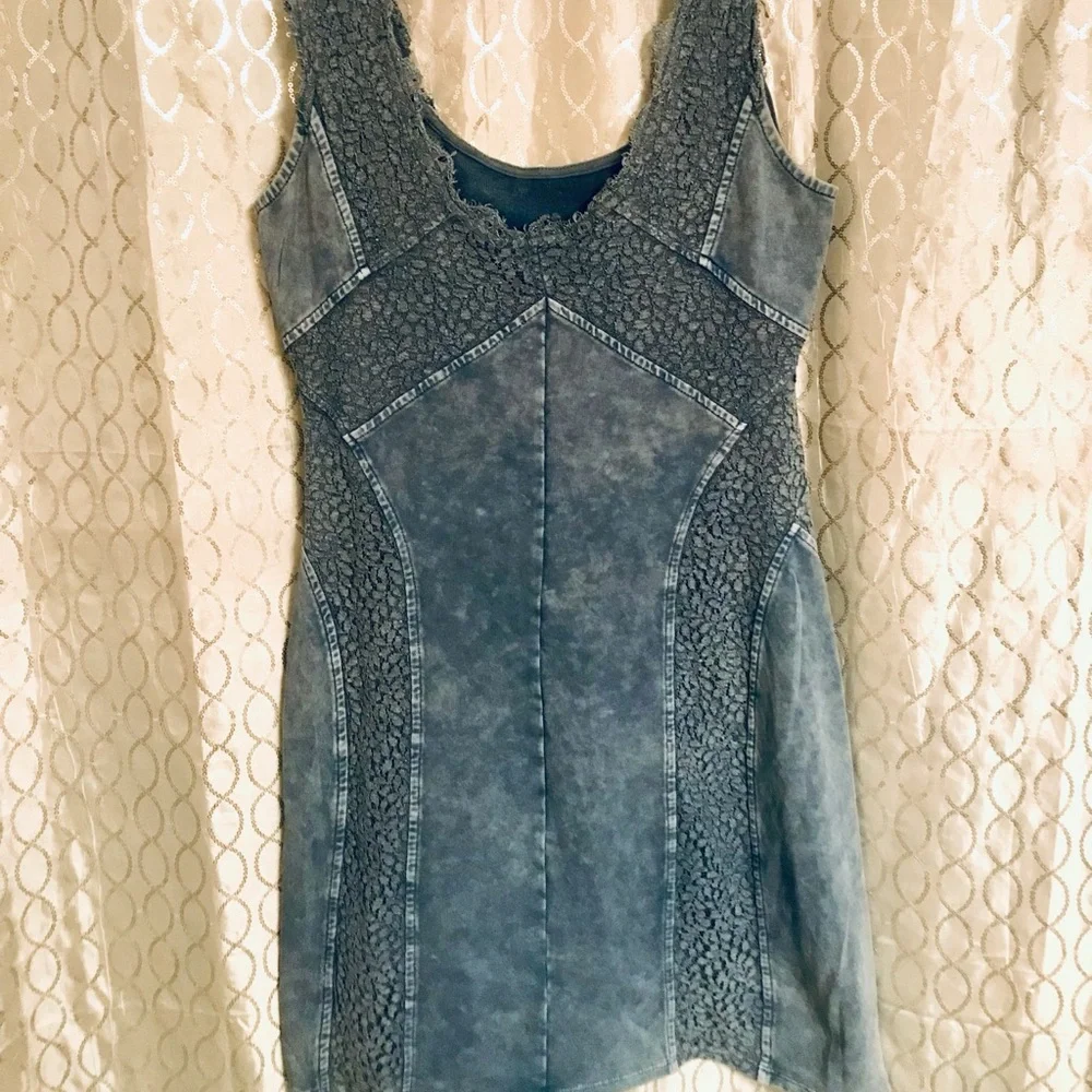 Free People BodyCon Tank Dress Blue/Grey w/ Lace Inlay Stone Wash Cotton/Spandex - Picture 11 of 14